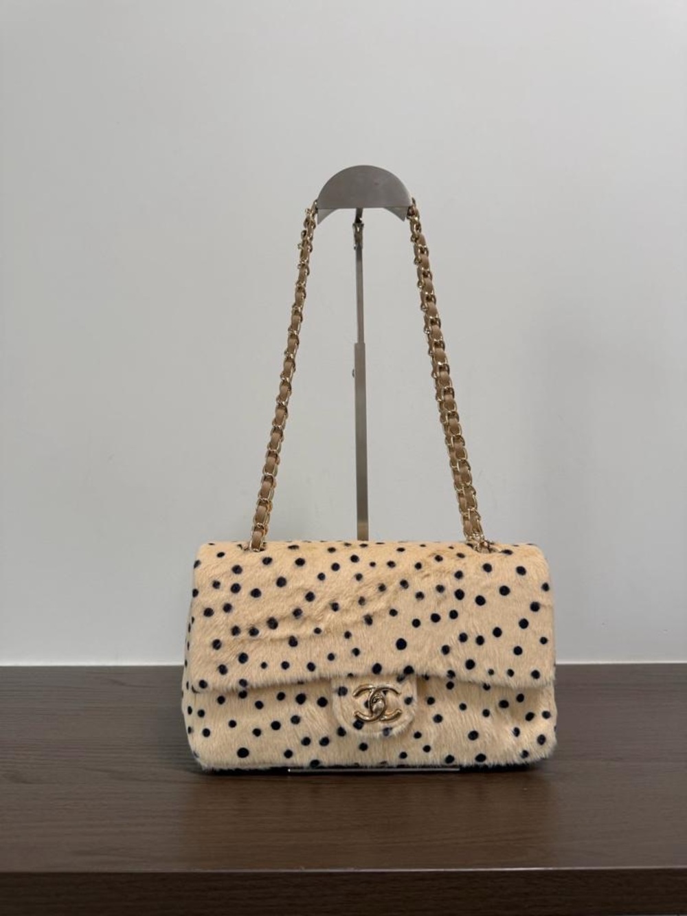 CHANEL Cream and Black Polka Dot Flap Shoulder Bag with Gold Chain
